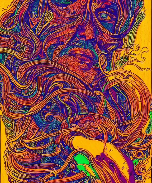 Prompt: beautiful colorful hyperrealist highly detailed psychedelic music poster, high contrast colored wood engraving, trending on artstation 8 k