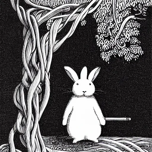 Prompt: isometric, precisely drawn, fine detailed, intense line work, drawing of a white bunny smoking a big cigarette in the deep tangled forest, by edward gorey, black ink on white paper