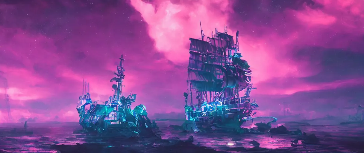 Image similar to space, portrait big dark punk, illustration, punk mohawk, stars, pink, neon, oil painting, rich deep colors masterpiece, pirate neon ship, ultra detailed, contrast, heaven pink, clouds, volumetric light, atmospheric lighting, dramatic, cinematic, moody, octane render 4 k, 8 k