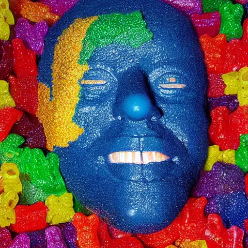 Prompt: a giant human head sculpture in the sea made out of thousands of small gummy bears, in the style of chad knight, long shot, hyper detailed, hyper realistic, ray tracing, 8 k resolution, sharp focus, realistic water, award winning