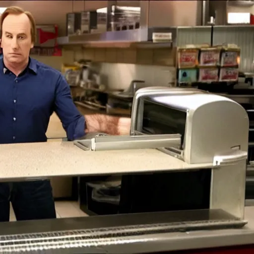 Image similar to gene ( bob odenkirk ) working at cinnabon, better call saul