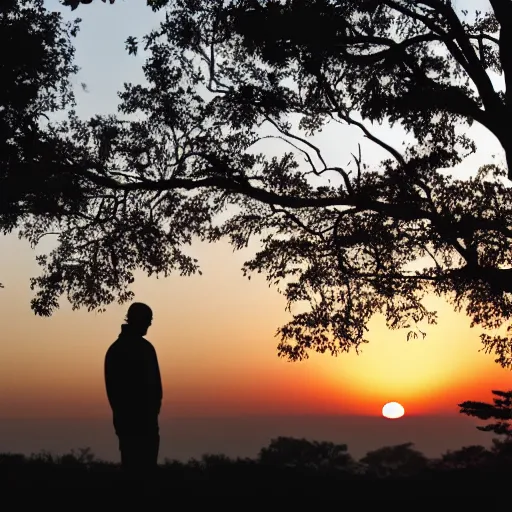 Image similar to a silhouette of a man staring at a sunrise,