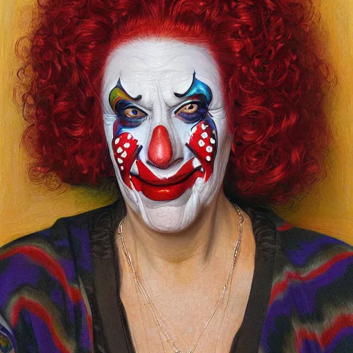Image similar to portrait of a woman with a painted wood mask, clown pattern, by donato giancola.