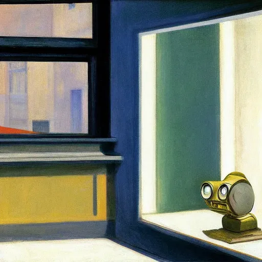 Prompt: WALL-E by Edward Hopper