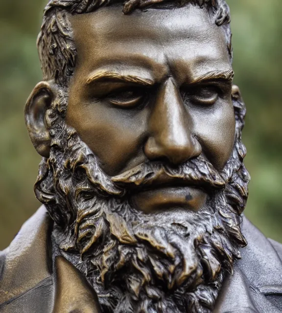 Image similar to a 4 k photorealistic photo medium shot of a bronze statue of a man with a beard.