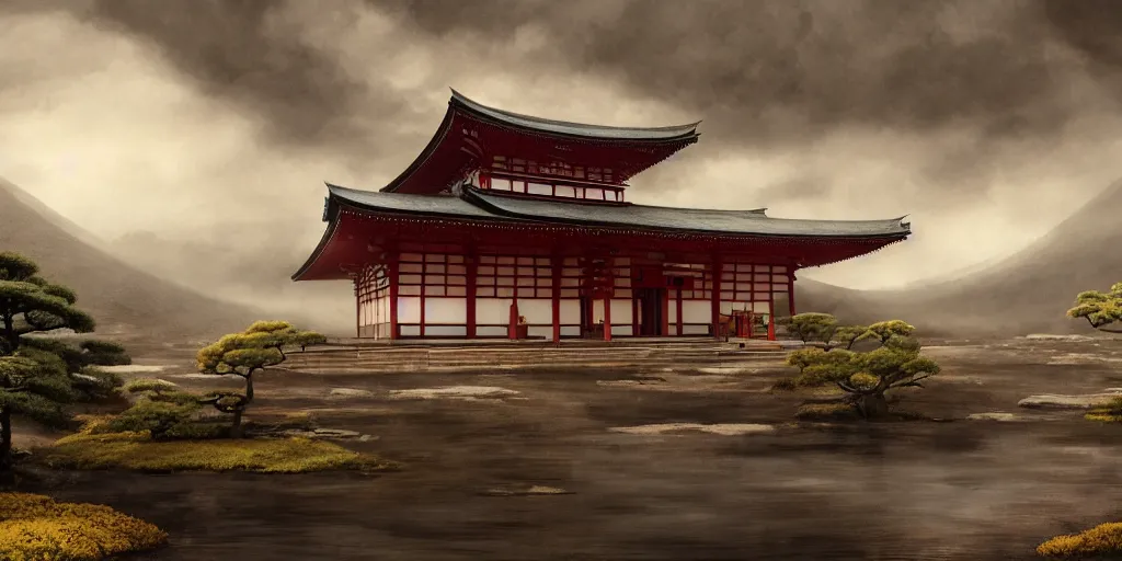 Prompt: a japanese buddhist temple. a fantasy digital painting by richard schmid, atmospheric lighting, misty clouds, cinematic landscape, architectural concept, dynamic angle, trending on artstation, golden rays,
