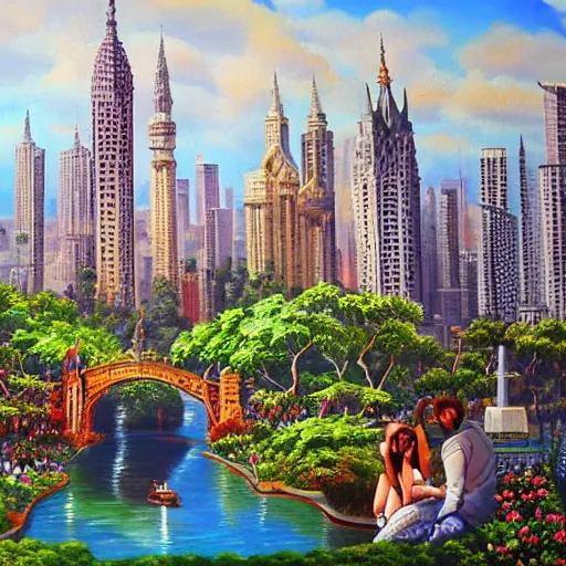 Image similar to people enjoying a beautiful city of the future in harmony with nature. Beautiful detailed painting by Lurid. (2022)