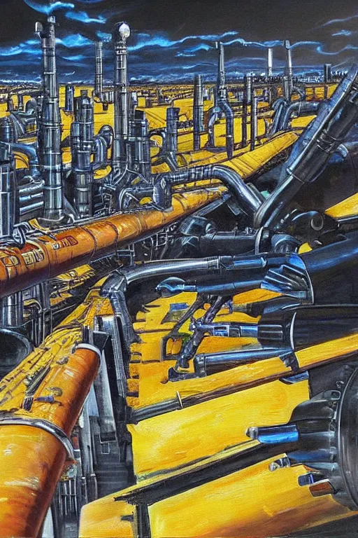 Prompt: oil painting, extra long-view, hight detailed, millions small melting industrial pipes, in style of 80s sci-fi art