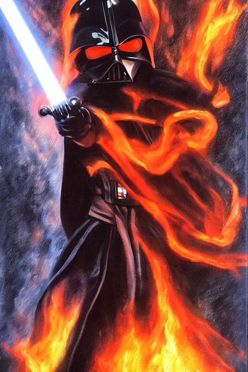 Image similar to anakin skywalker emerging from a ocean of flames. he is wearing darth vader's suit. he has a lightsaber in his right hands and clenches the left hand as a fist. detailed portrait. oil painting. motion blur. visible brushstrokes