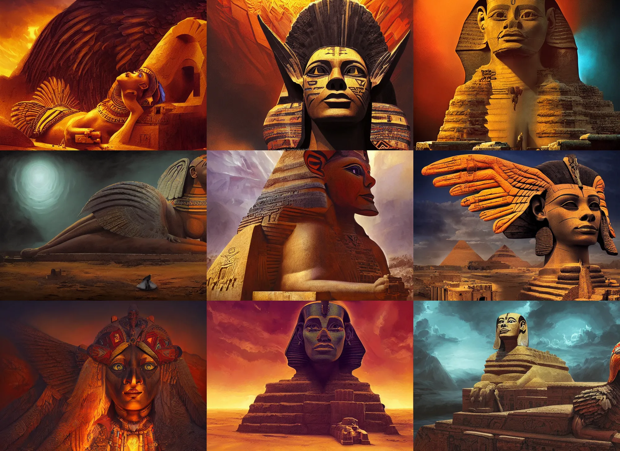 Prompt: aztec sphinx, vivid colors, dark shadows, contrast, concept art, sharp focus, digital art, Hyper-realistic, 4K, Unreal Engine, Highly Detailed, Dramatic Lighting, Beautiful, by Brom, bastien lecouffe-deharme