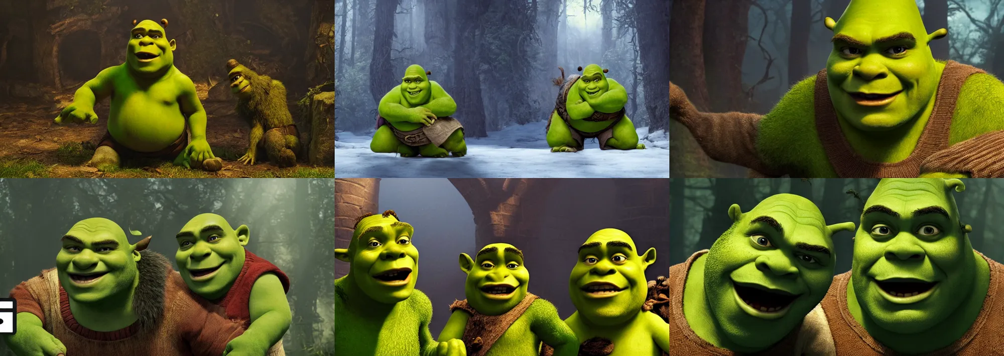 Prompt: Shrek as a thriller directed by Robert Eggers, natural lighting, cinematography 4k