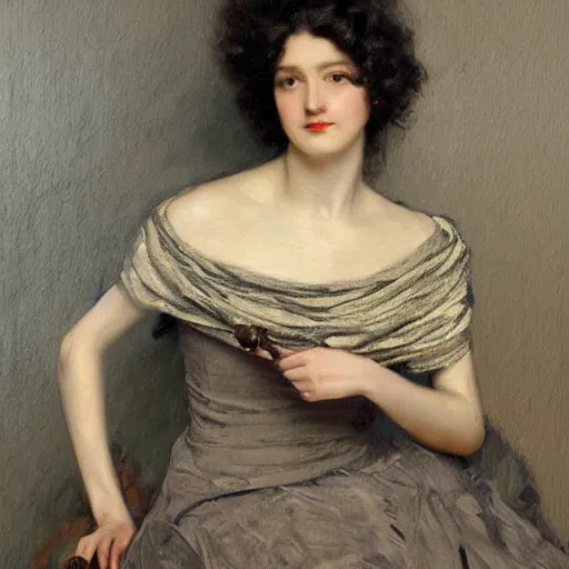 Image similar to a oil painting of a fair skin with dark curly stylised hair queen wearing dress, by frederick william elwell, by otomo highly detailed, realistic, concept art, jewels, oriental, desaturated