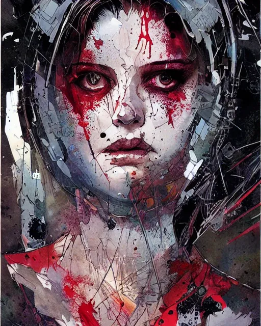 Prompt: comic cover art by david mack and greg rutkowski, spiral full body, tight fit, vivid vector colors, russian female, perfectly symmetrical facial features, hyperdetailed, bleed, spatter, india ink, bill sienkiewicz