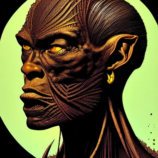 Prompt: portrait soft light, by killian eng and bernie wrightson, inspired by shaka zulu science fiction, fine, sharp high detail, screen print,