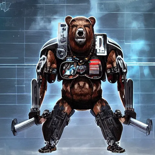 Prompt: danny trejo deadlifting a cyborg bear, cyberpunk style, concept art, trending on artstation