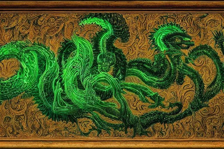 Image similar to a fearsome mythological basilisk made of glowing green matrix code, masterpiece rococo painting