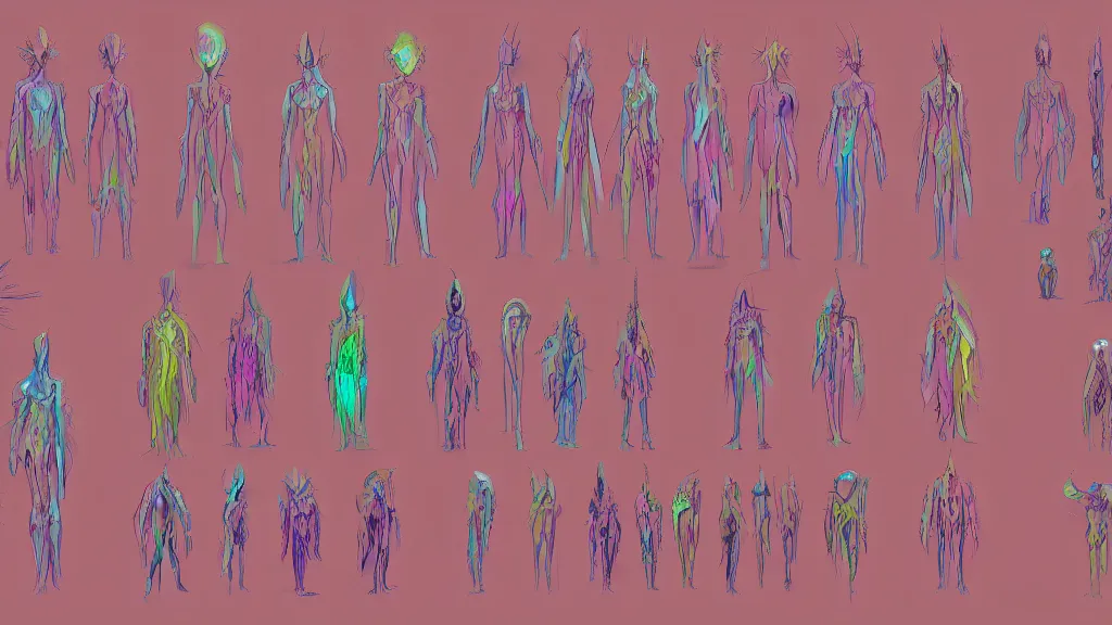 Image similar to concept art, colorful character sheet for an androgynous extraterrestrial with large bulbous head, religious robes, retrofuture, fantastic planet, moebius, valerian, coherent, illustration, digital art, trending on artstation, hd, 8 k, good lighting, beautiful, rough paper, masterpiece