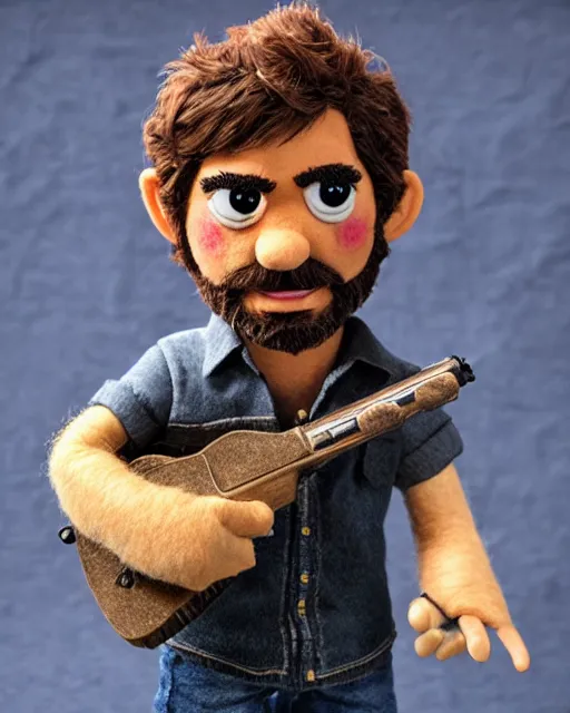 Image similar to joel from the last of us as a muppet. highly detailed felt. hyper real photo. 4 k.