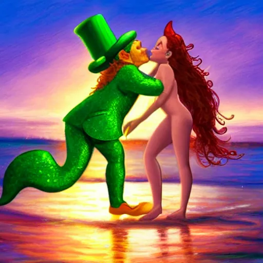 Prompt: a leprechaun and a mermaid kiss at sunset. trending on artstation, by lisa frank, hd, high quality