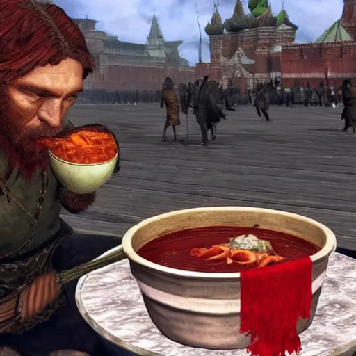 Prompt: Dragon from Skyrim eating russian borsch soup on the Red Square,