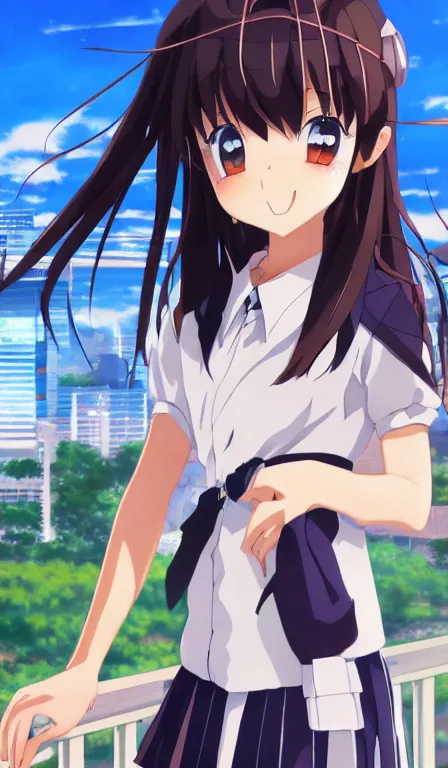 Image similar to anime fine details portrait of a school girl in front of modern tokyo city landscape on the background deep bokeh, close-up view, anime masterpiece by Studio Ufotable, 8k, sharp high quality anime, artstation