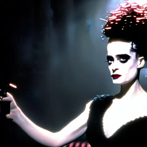 Prompt: cinematic portrait of shocked helena bonham carter as bride of frankenstein as a replicant in a busy nightclub,, still from the movie bladerunner, fashion photography, a sign is in the background, 8 k, high detail, face in focus