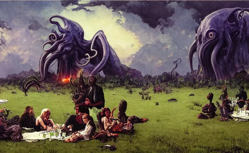 Image similar to cthulhu devouring a meadow by people having picnic. lovecraftian horror. highly detailed science fiction painting by norman rockwell, frank frazetta, and syd mead. rich colors, high contrast, gloomy atmosphere, dark background. trending on artstation