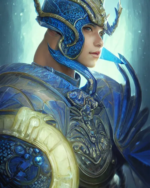 Image similar to Portrait of a Fantasy azure knight, moonlit, HD, illustration, epic, D&D, fantasy, intricate, elegant, highly detailed, digital painting, artstation, concept art, smooth, sharp focus, illustration, art by artgerm and greg rutkowski and alphonse mucha, monster hunter illustrations art book