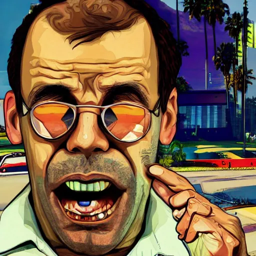 Image similar to upset delusional trippy conspiracy theorist person illustrated in the style of a GTA V poster, detailed, closeup