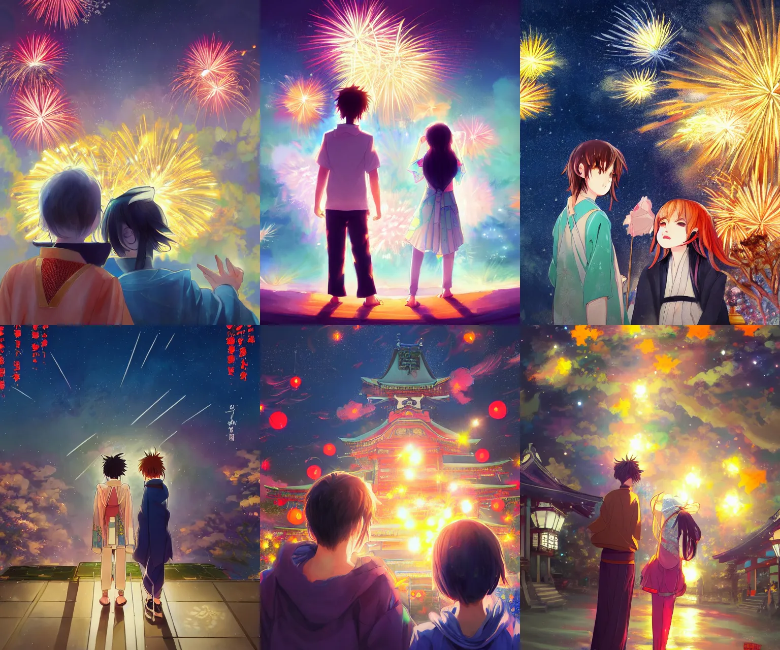 Image similar to beautiful anime painting of a boy and a girl from behind at a shinto shrine looking up at the night sky illuminated by colorful new years fireworks, by WLOP and Slawek Fedorczuk and rossdraws, trending on artstation, concept art