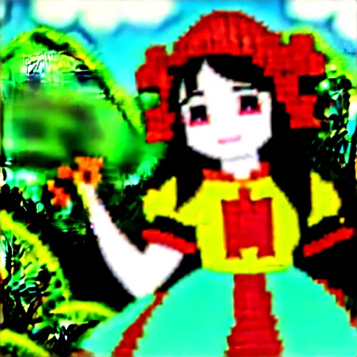 Image similar to an illustration of reimu in the jungle wearing bonnet