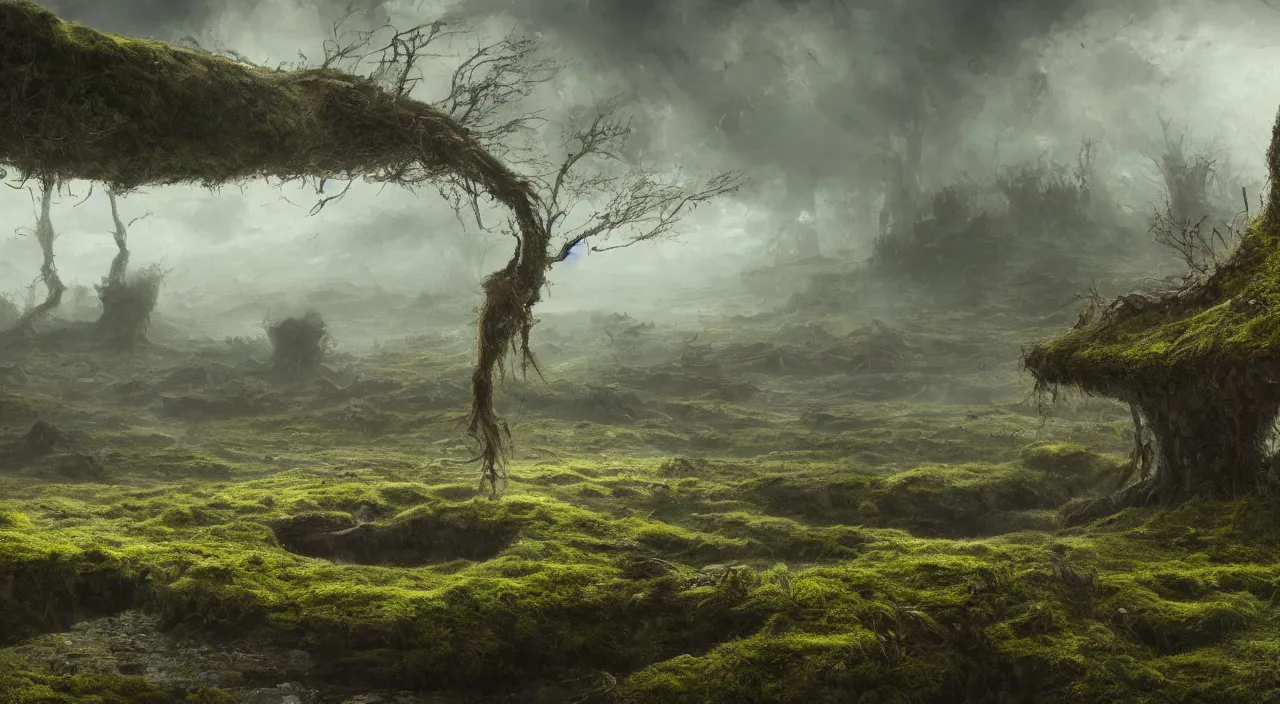 Prompt: Panorama of a desolate land incorporating a giant 65 year-old Gaia covered in moss, crying softly and humbly, sitting on a dried up river, highly-detailed, elegant, dramatic lighting, artstation, 4k, cinematic landscape