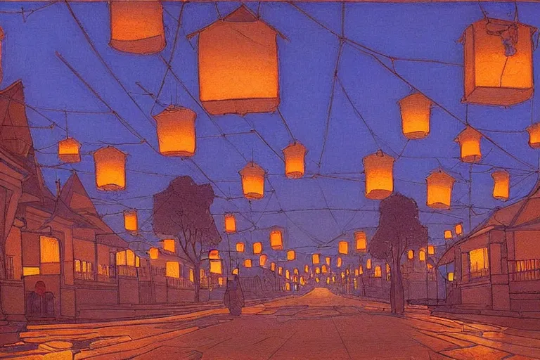 Image similar to tree-lined street at twilight in a very old very beautiful city by Thomas Seddon and Nicholas Roerich, glowing paper lanterns, strong dramatic cinematic lighting , ornate tiled architecture, lost civilizations, smooth, sharp focus, extremely detailed