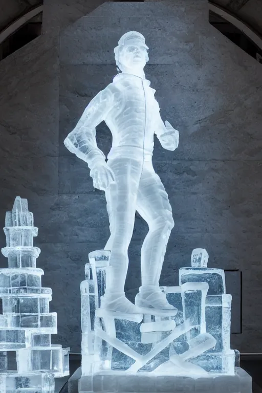 Prompt: ice sculpture of man in Adidas jacket sportswear, intricate sculpture, chiseled muscles, godlike, museum photo