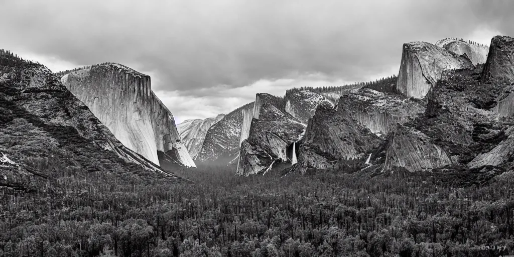 Prompt: yosemite national park during a thunder storm award winning photography by ansel adams