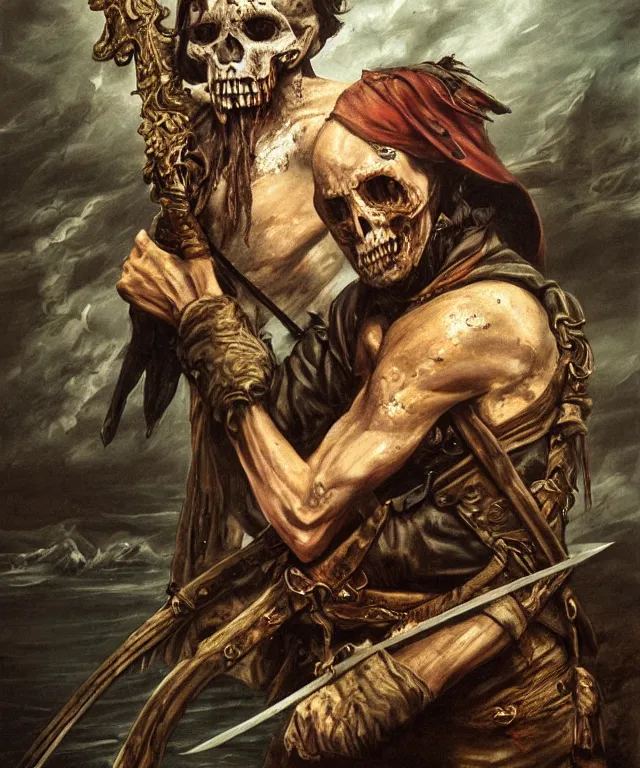 Image similar to ultra realistic color portrait painting of an undead 1 7 th century pirate with a sword in a grotto, dark, painted, brooding, atmospheric, seascape, horror, smooth, epic, highly detailed, cinematic, by clyde caldwell