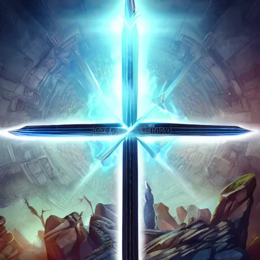 Prompt: symmetrical game - icon of giant medieval swords crossed, red powerful fantasy epic legends, game icon stylized, digital illustration radiating, a glowing aura, global illumination, ray tracing, 8 k high definition, intricate details, octane render, unreal engine, trending on arstation