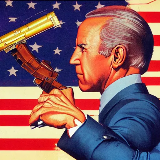 Image similar to propaganda poster of joe biden pointing gun directly at camera in james bond movie, closeup of gun, visible barrel and grip by j. c. leyendecker, bosch, lisa frank, jon mcnaughton, and beksinski