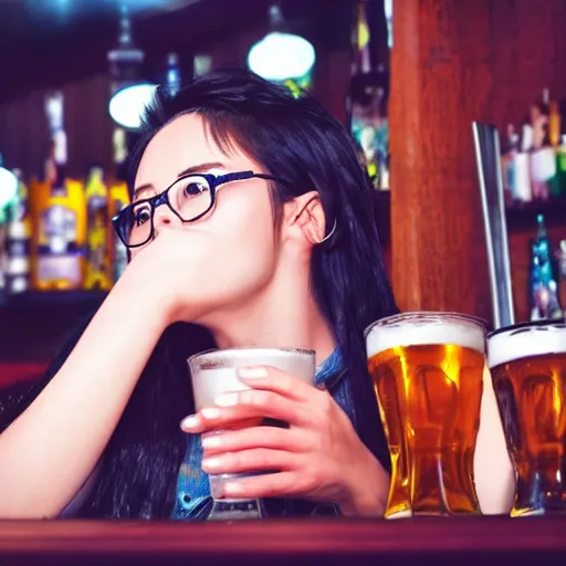 Prompt: Masculine anime girl sitting at a bar, holding a large glass of beer, obviously drunk, camera angle looking up at her, HDR