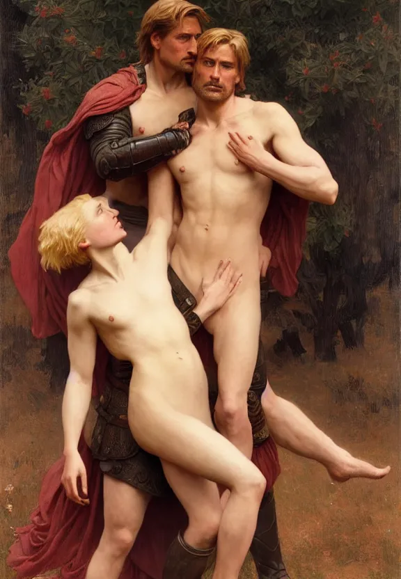 Image similar to attractive handsome fully clothed jaime lannister confesses his love for attractive fully armored brienne of tarth. centered composition. highly detailed painting by gaston bussiere and j. c. leyendecker and william adolphe bouguereau and fra angelico and octane render, musee d'orsay 8 k