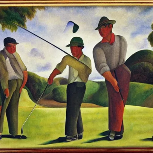 Image similar to Three golfers on a beautiful golf course, by Diego Rivera