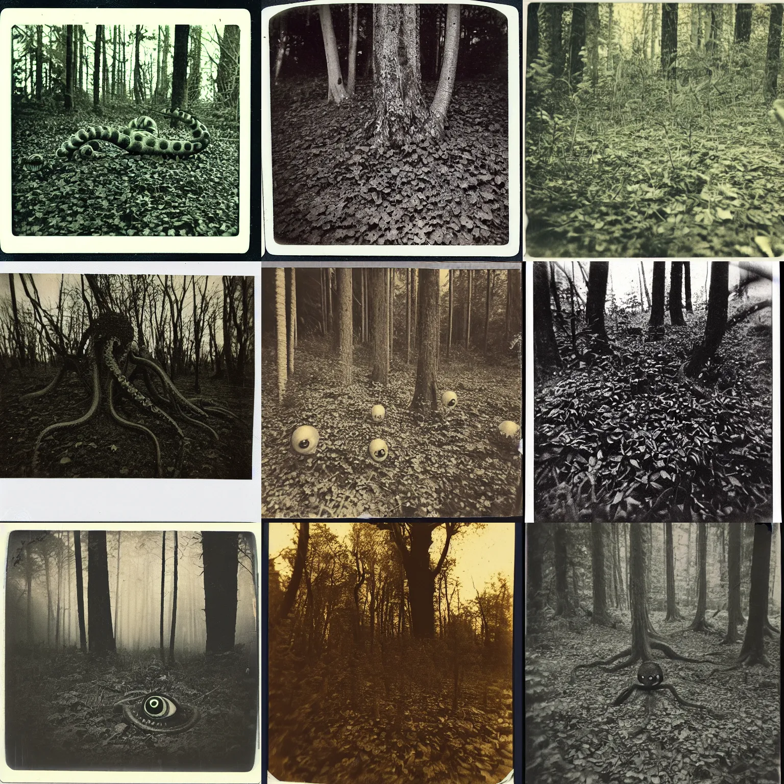 Prompt: old polaroid from 1 9 5 2 depicting large tentacles with eyeballs growing out of the forest floor, at dusk