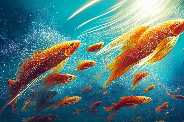 Prompt: portrait of goldfishes swarming the ocean. shadow and light. rays of light. energetic, dynamic, lively, detailed, intricate, complex. fine art by hayao miyazaki, akira toriyama, makoto shinkai, and ohara koson. studio lighting. tilt and shift lens.