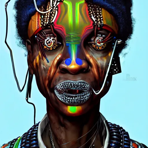 Image similar to a menacing cyberpunk voodoo haitian shaman, Apex Legends character digital illustration portrait design, by android jones, detailed, cinematic lighting, wide angle action dynamic portrait