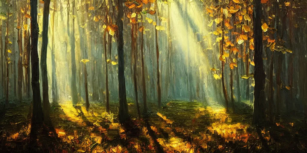 Image similar to An oil painting of an intensely beautiful forest in the morning with vertical trees; rays of light coming through the canopy; trending on artstation; extraordinary masterpiece!!!!!!