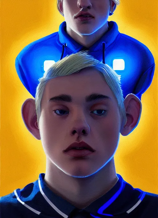 Image similar to portrait of high school senior boy named big moose, blonde short hair, jock, beefy, wide face, square jaw, square facial structure, blue varsity jacket with letter r, intricate, elegant, glowing lights, highly detailed, digital painting, artstation, concept art, sharp focus, illustration, art by wlop, mars ravelo and greg rutkowski