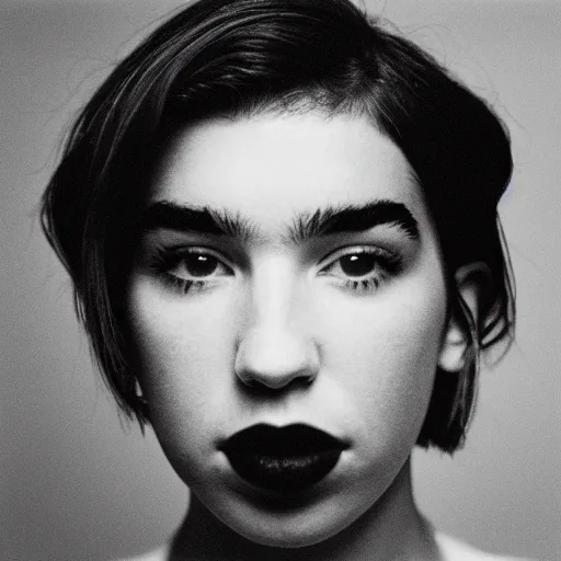Image similar to photo of Dua Lipa by Diane Arbus, black and white, high contrast, Rolleiflex, 55mm f/4 lens