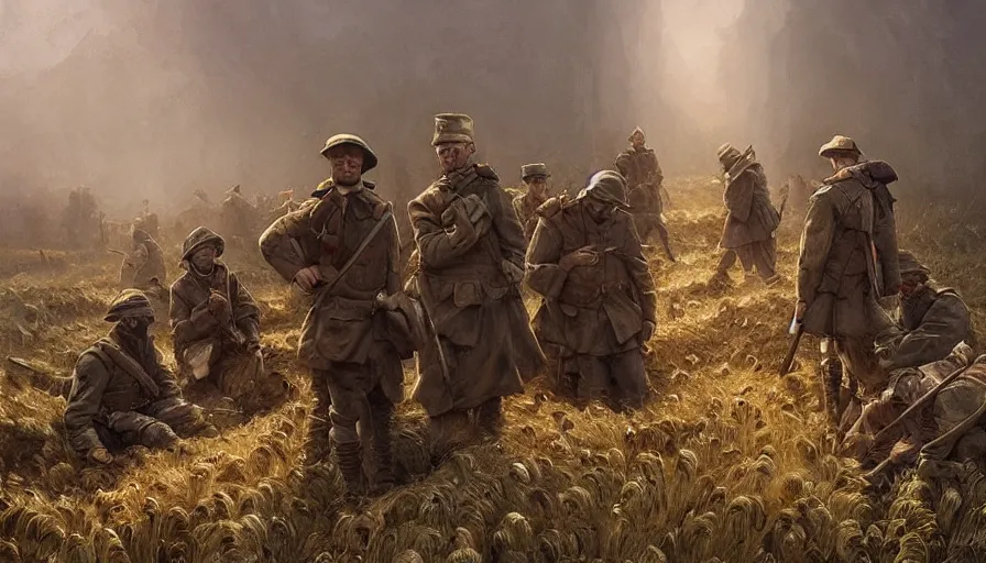 Image similar to beautiful digital painting of a group of barley surviving soldiers in a trench waiting for the war to end. cinematic lighting and rendering, atmospheric, concept art, high detailed faces, artstation by artgerm and greg rutkowski,,