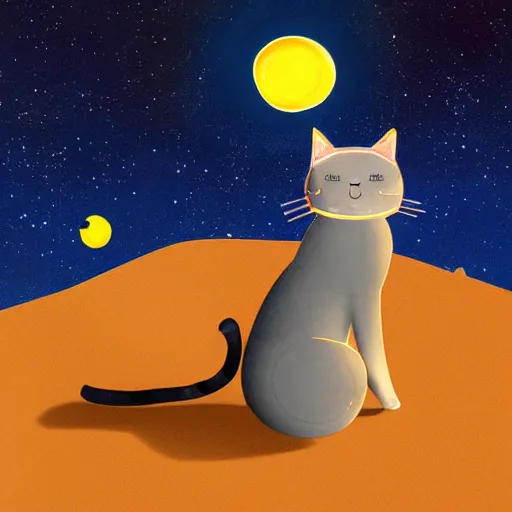 Prompt: space cat having a coffee in the middle of the desert, digital art
