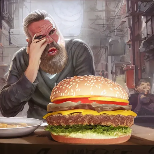 Prompt: a highly detailed epic cinematic concept art CG render digital painting artwork costume design: Ben Affleck as a 1940s alcoholic mechanic eating a giant mcdonald's big mac hamburger, voluptuous sesame seed bun, extra ketchup and pickles and onions . By Greg Rutkowski, Ilya Kuvshinov, WLOP, Stanley Artgerm Lau, Ruan Jia and Fenghua Zhong, trending on ArtStation, made in Maya and Photoshop, octane render, excellent composition, cinematic atmosphere, dynamic dramatic cinematic lighting, aesthetic, very inspirational, arthouse